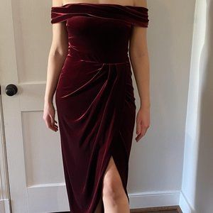 Burgundy Velvet Off the Shoulder Midi BLDN Bridesmaid Dress Size 6